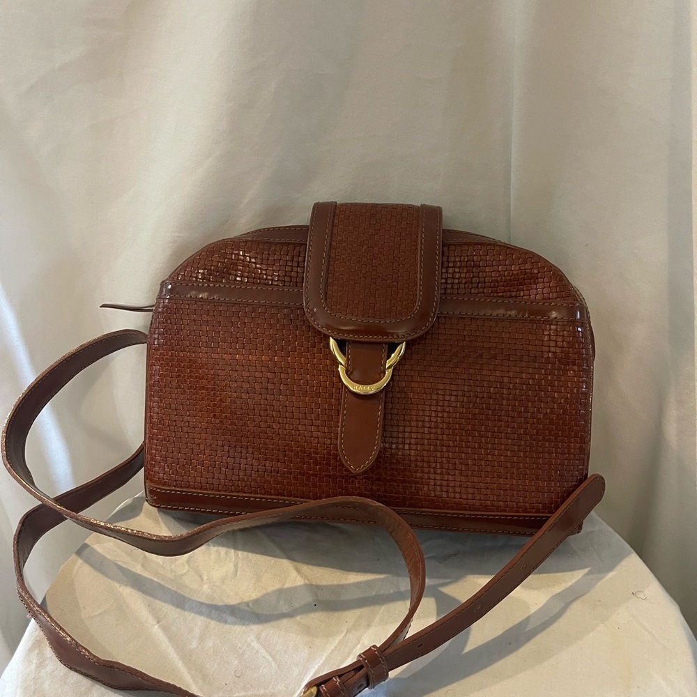 Elegant Bally Brown Woven Leather Shoulder and Crossbody Bag with Gold Hardware.